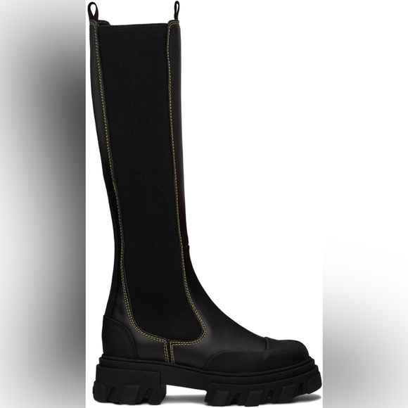 Ganni black leather yellow stitch knee high chelsea boot size 6 - Picture 3 of 13